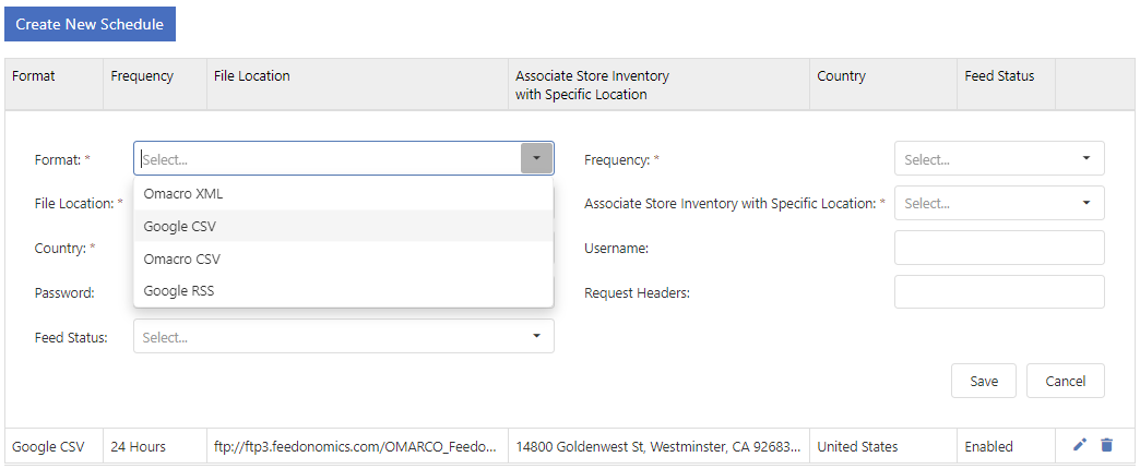 Omacro product-feed schedule configured for Google CSV