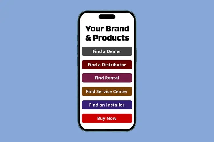 Product interface showing customizable Buy Now, dealer and distributor locator buttons.