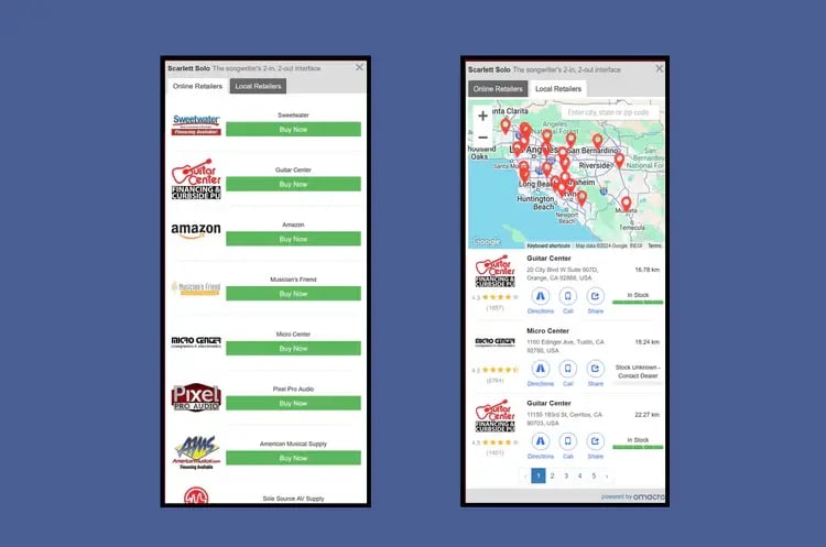 Seller results list beside a map of nearby dealer locations.