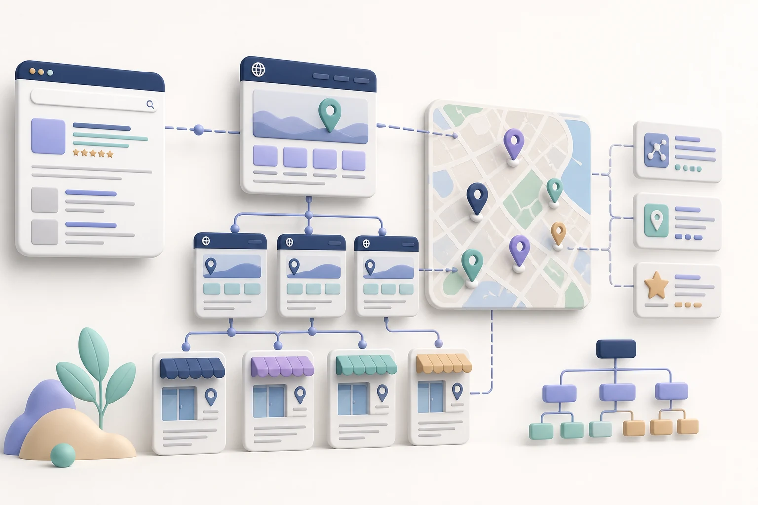 A crawlable page hierarchy connecting search results, location pages, structured data, and a map.